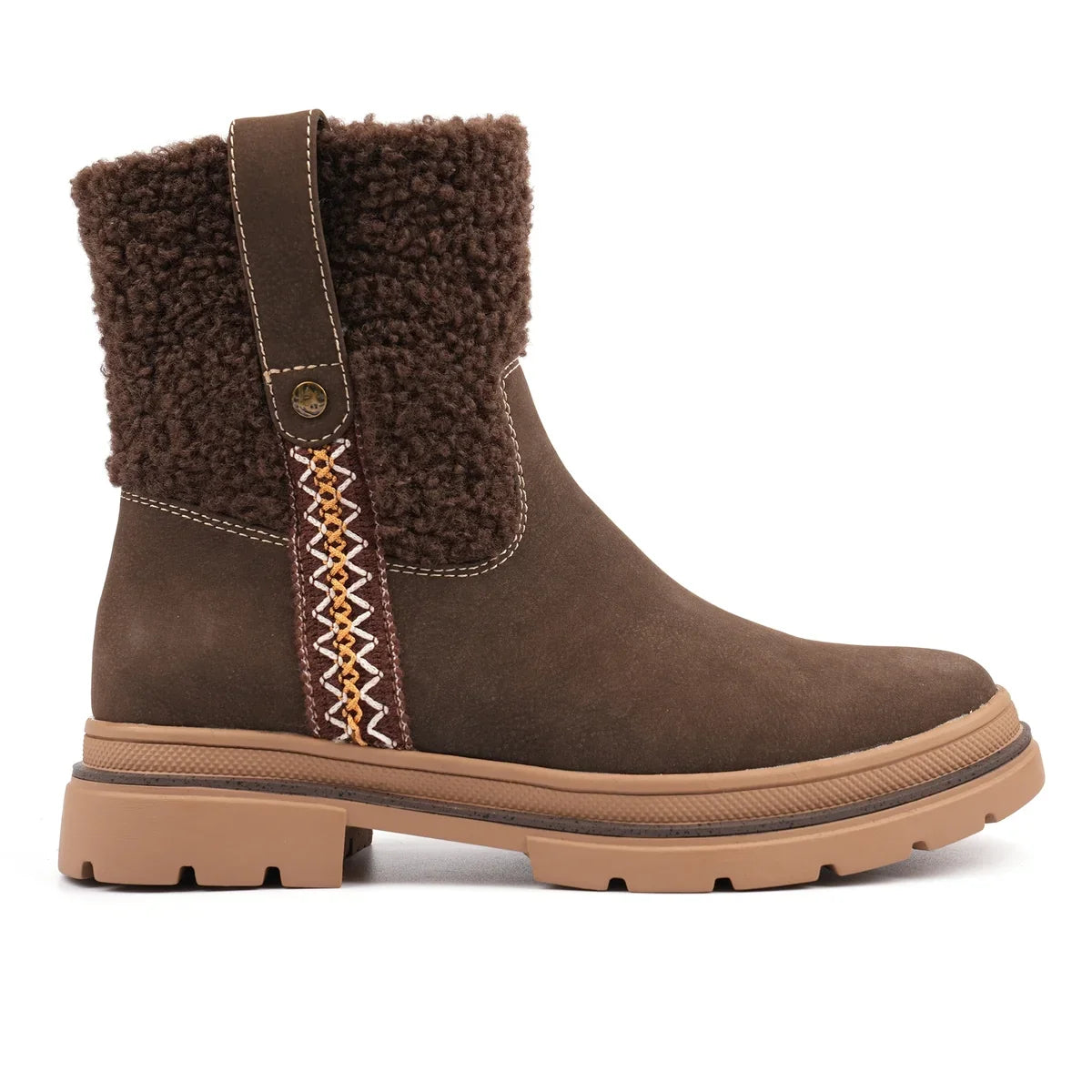 Brown ankle boots with textured collar, side zip and treaded sole