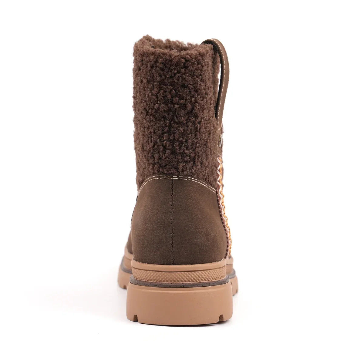 Brown ankle boots with textured collar, side zip and treaded sole