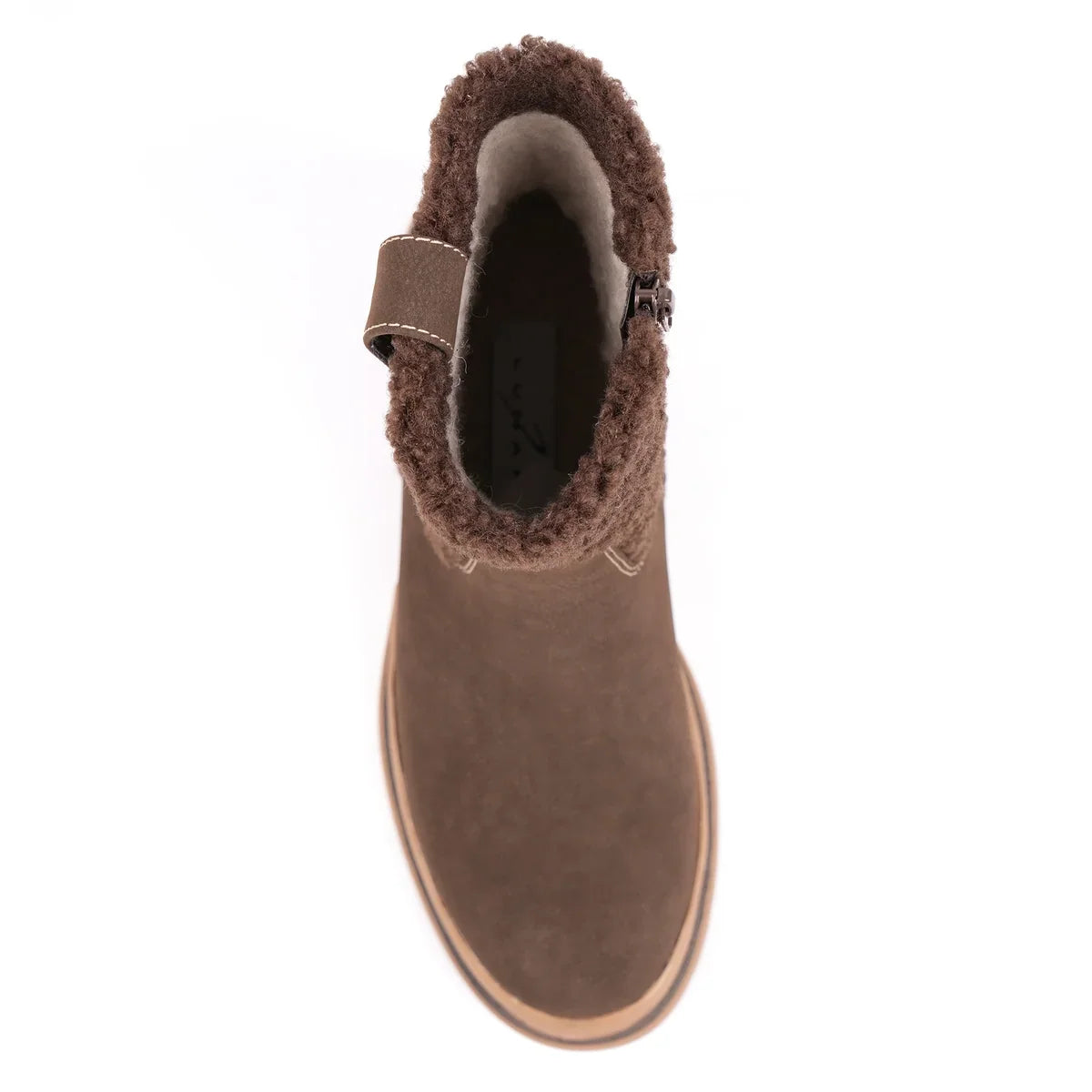 Brown ankle boots with textured collar, side zip and treaded sole