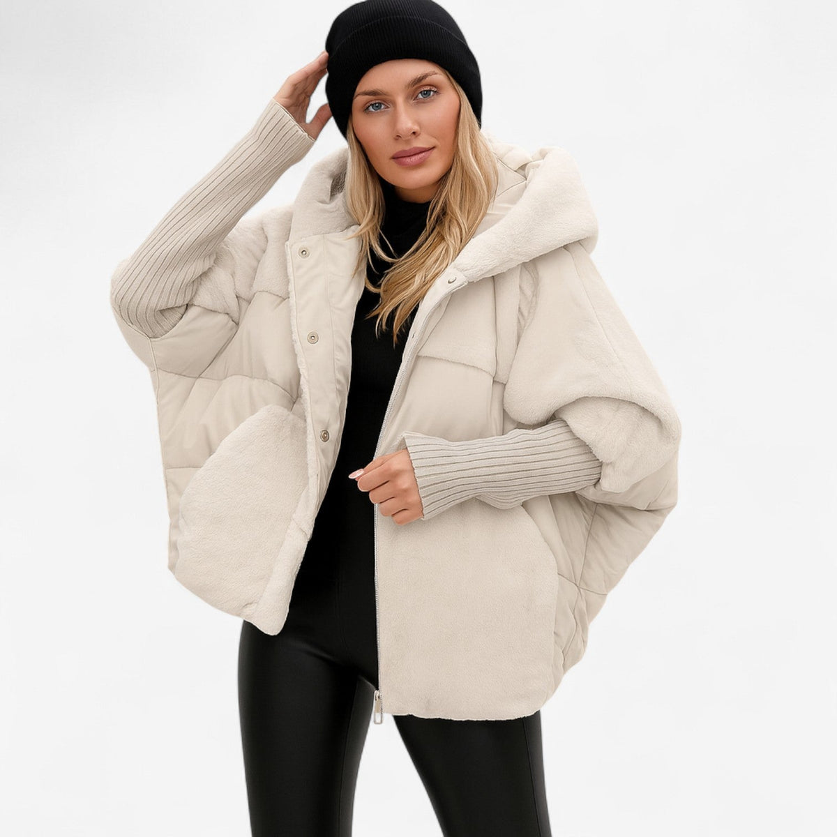 Women's oversized hooded quilted jacket with ribbed cuffs