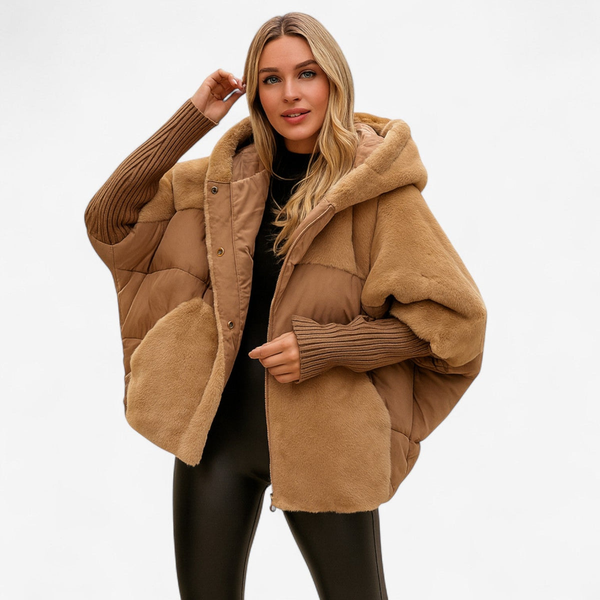 Women's oversized hooded quilted jacket with ribbed cuffs