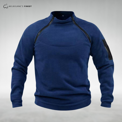 Unisex long sleeve fleece pullover with high collar and sleeve zip pocket