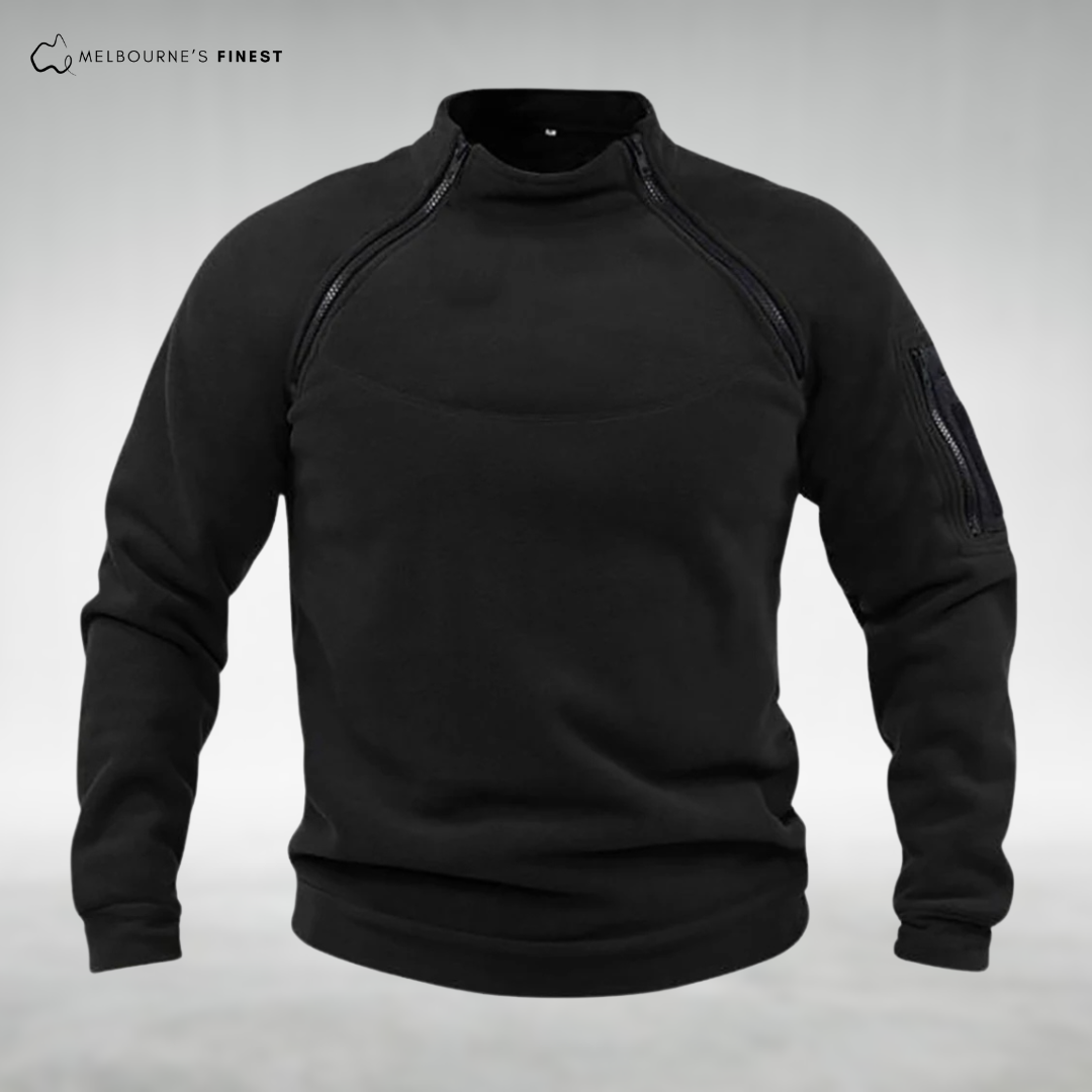 Unisex long sleeve fleece pullover with high collar and sleeve zip pocket