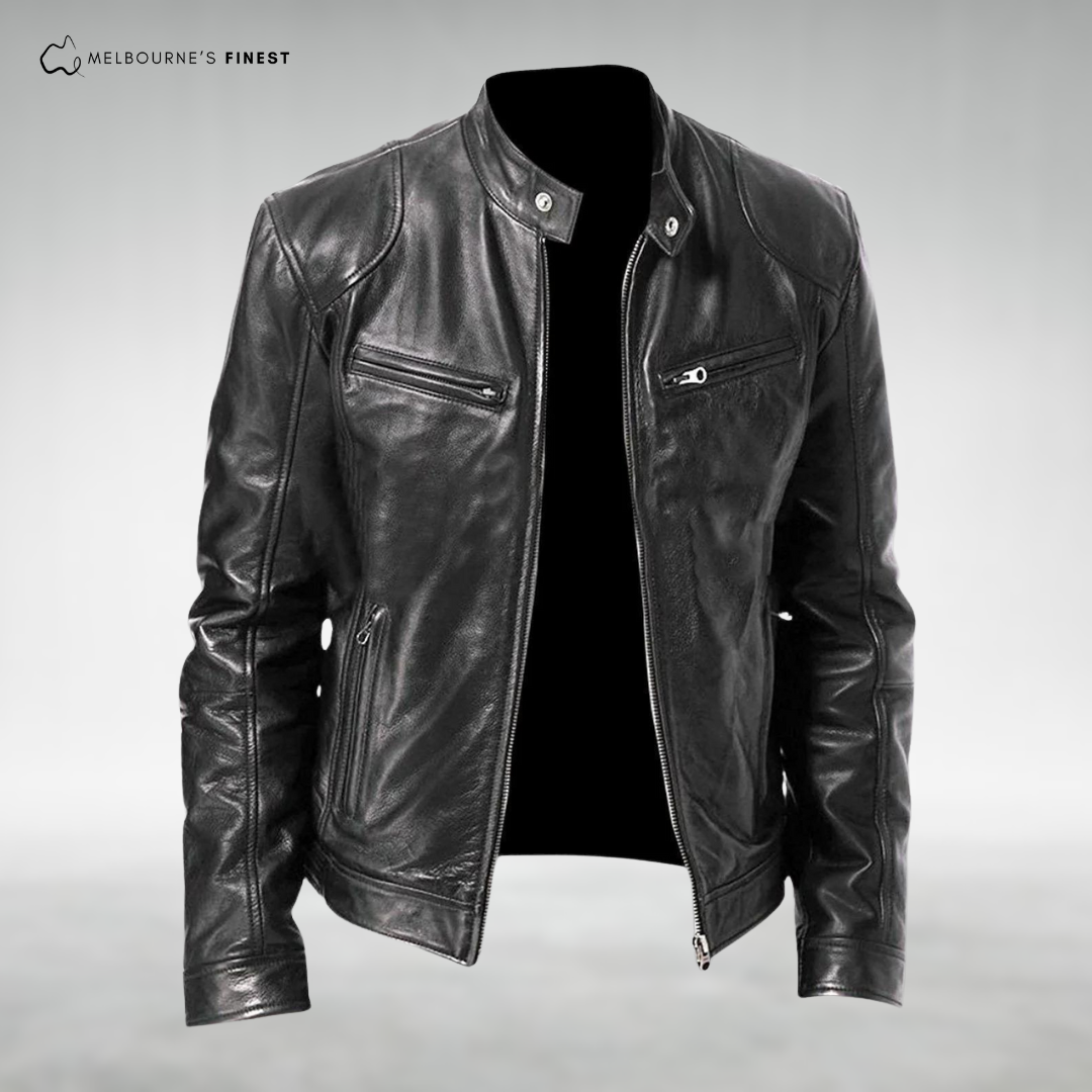 Men's long-sleeve leather jacket with stand collar and zip pockets