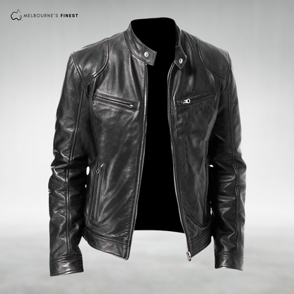 Men's long-sleeve leather jacket with stand collar and zip pockets