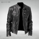 Men's long-sleeve leather jacket with stand collar and zip pockets