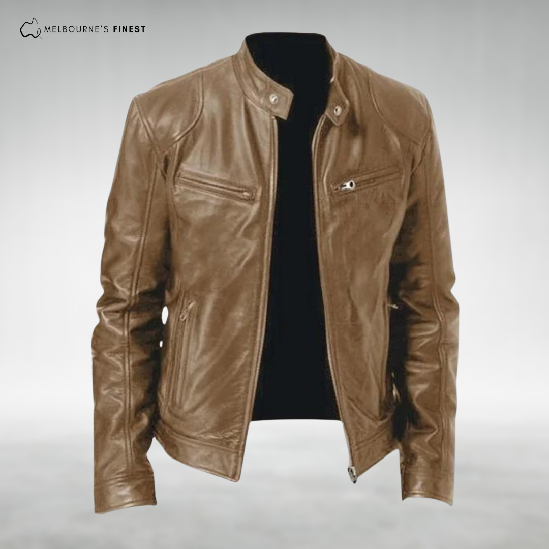 Men's long-sleeve leather jacket with stand collar and zip pockets
