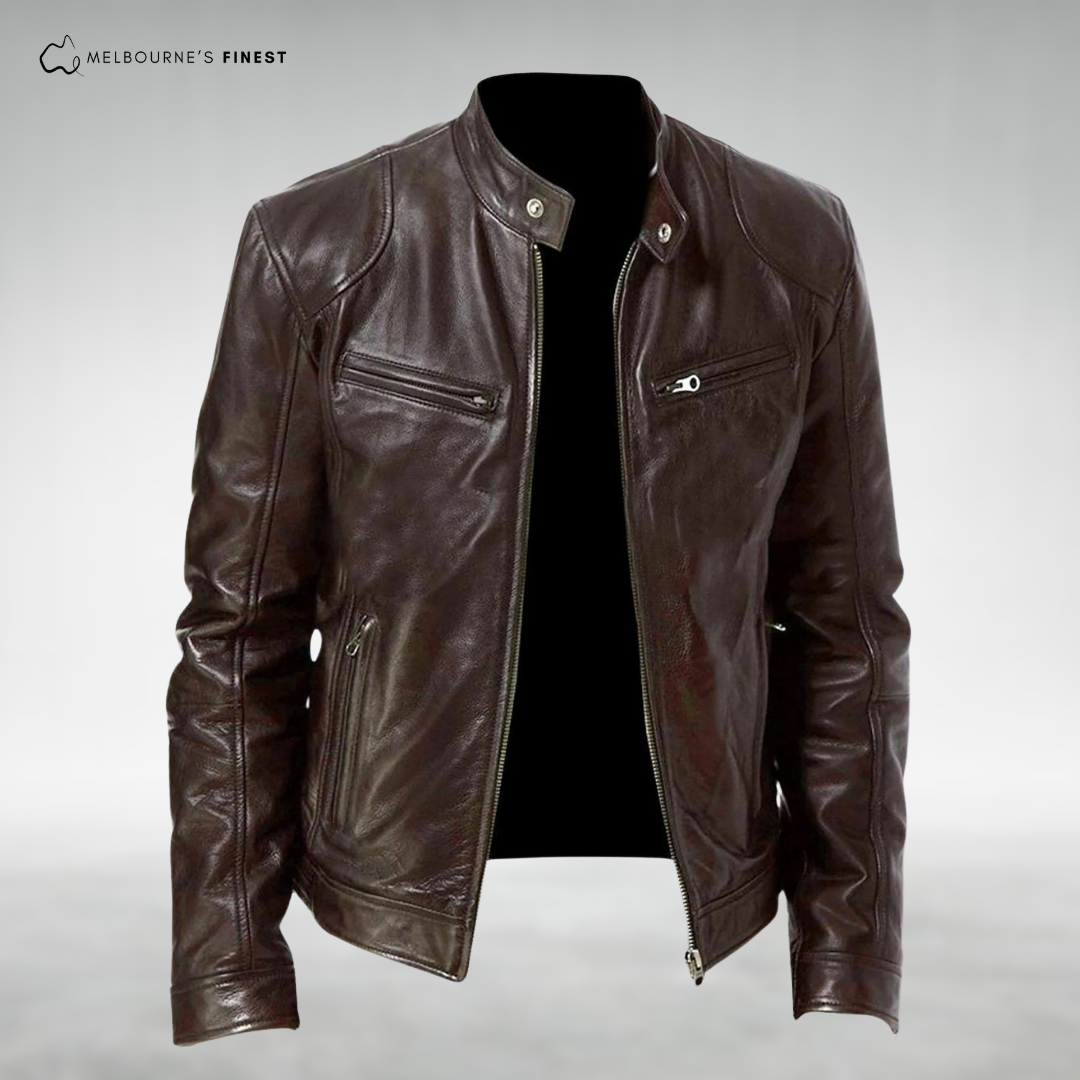 Men's long-sleeve leather jacket with stand collar and zip pockets