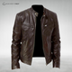 Men's long-sleeve leather jacket with stand collar and zip pockets