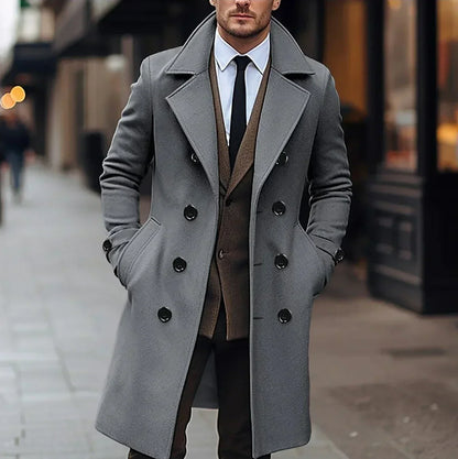Men's long double-breasted overcoat with notched lapels and buttoned cuffs