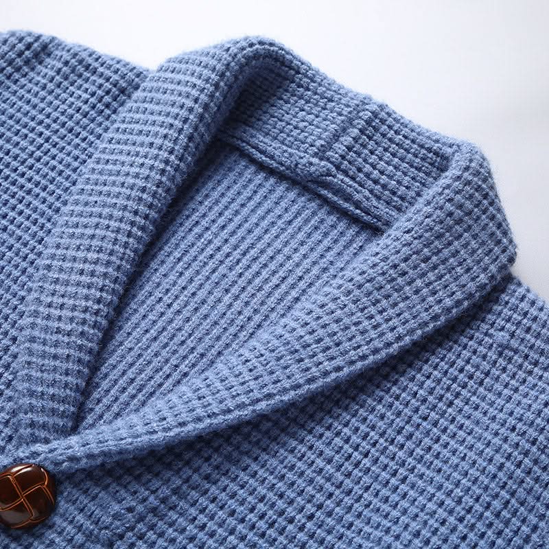 Men's textured knit cardigan with shawl collar, buttons and two patch pockets