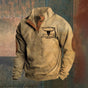 Men's quarter-zip pullover with blue and red stripes and chest graphic