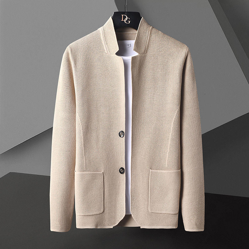 Men's textured knit cardigan with Mandarin collar, buttons and patch pockets