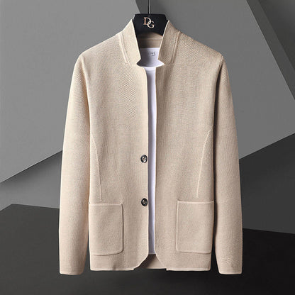 Men's textured knit cardigan with Mandarin collar, buttons and patch pockets