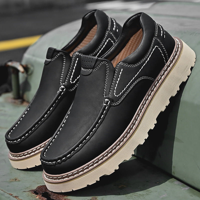 Slip-on moc toe loafers with contrast stitching and chunky lug soles