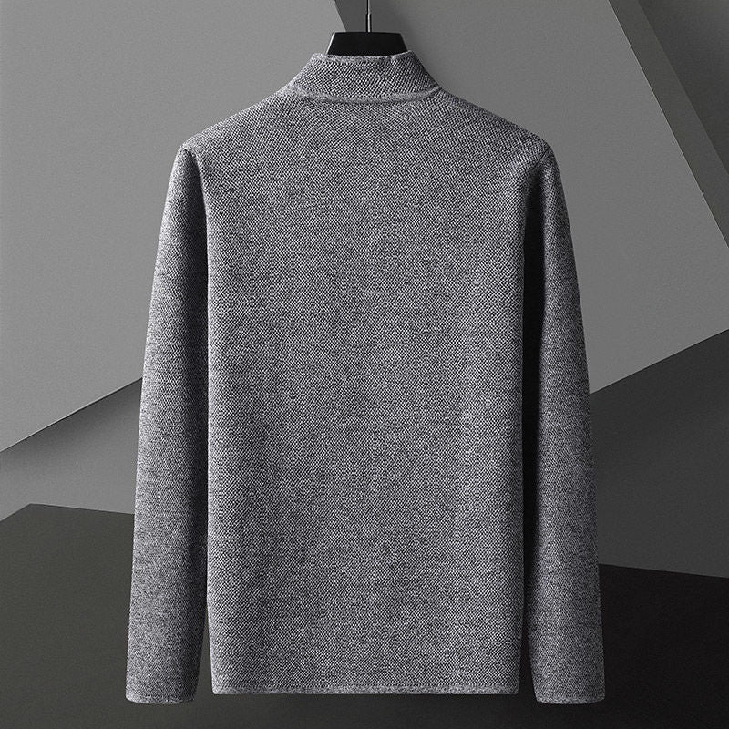 Men's textured knit cardigan with Mandarin collar, buttons and patch pockets