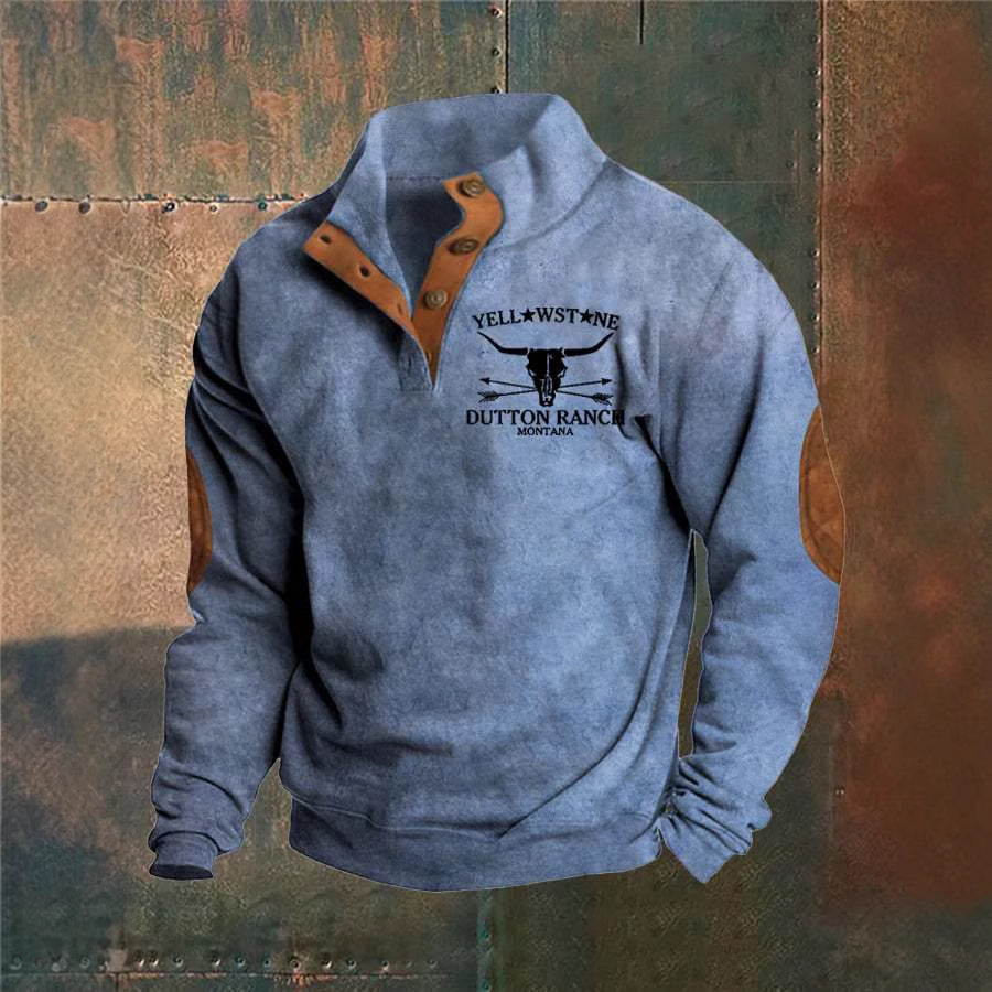 Men's quarter-zip pullover with blue and red stripes and chest graphic