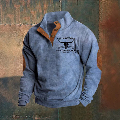 Men's quarter-zip pullover with blue and red stripes and chest graphic
