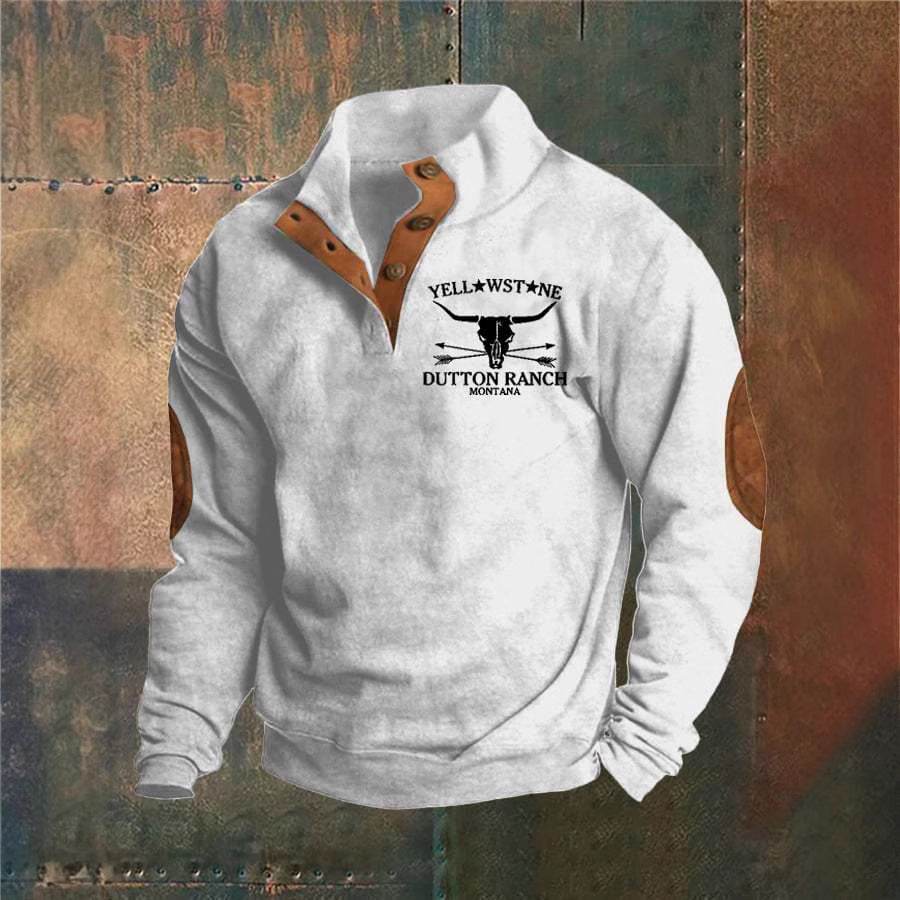Men's quarter-zip pullover with blue and red stripes and chest graphic
