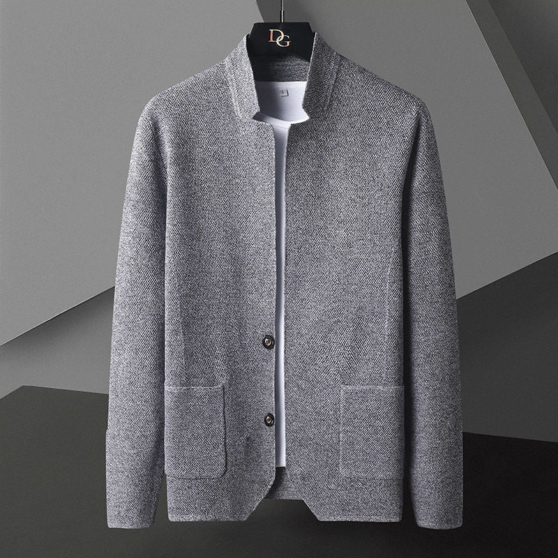 Men's textured knit cardigan with Mandarin collar, buttons and patch pockets