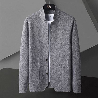 Men's textured knit cardigan with Mandarin collar, buttons and patch pockets