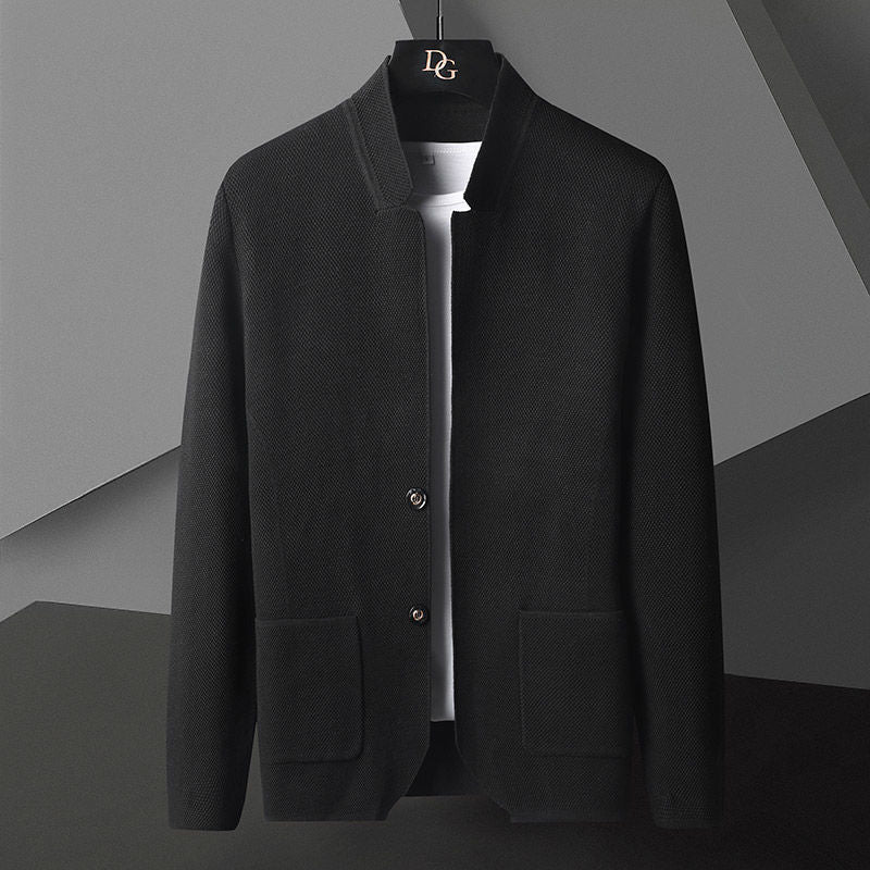 Men's textured knit cardigan with Mandarin collar, buttons and patch pockets