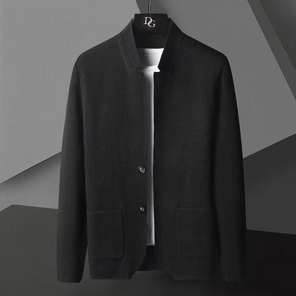 Men's textured knit cardigan with Mandarin collar, buttons and patch pockets