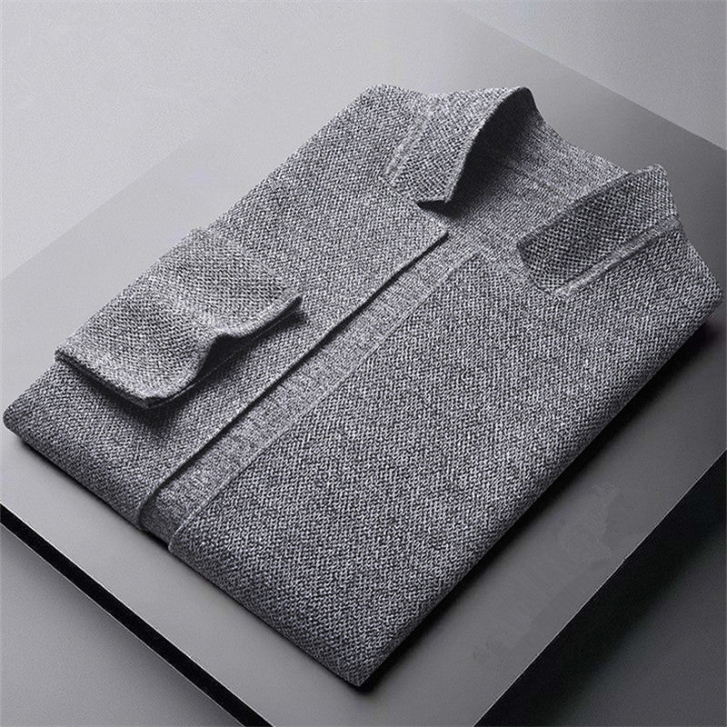 Men's textured knit cardigan with Mandarin collar, buttons and patch pockets