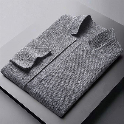 Men's textured knit cardigan with Mandarin collar, buttons and patch pockets