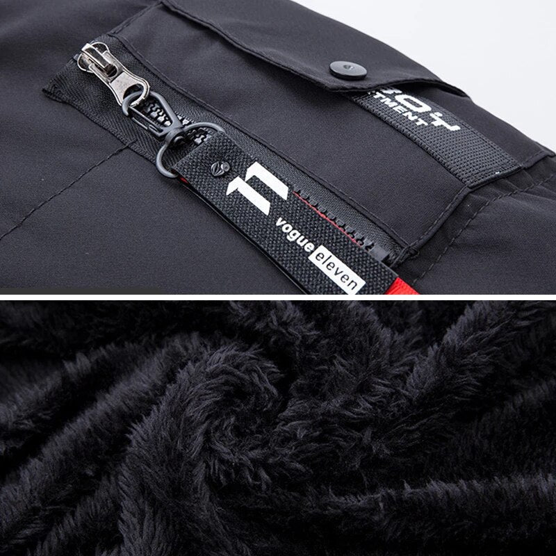 Men's long padded hooded coat with textured trim and zip pockets