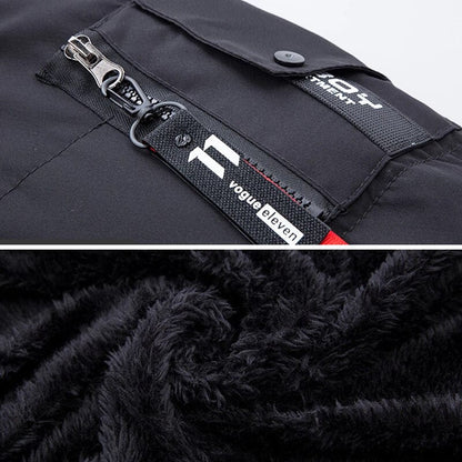 Men's long padded hooded coat with textured trim and zip pockets