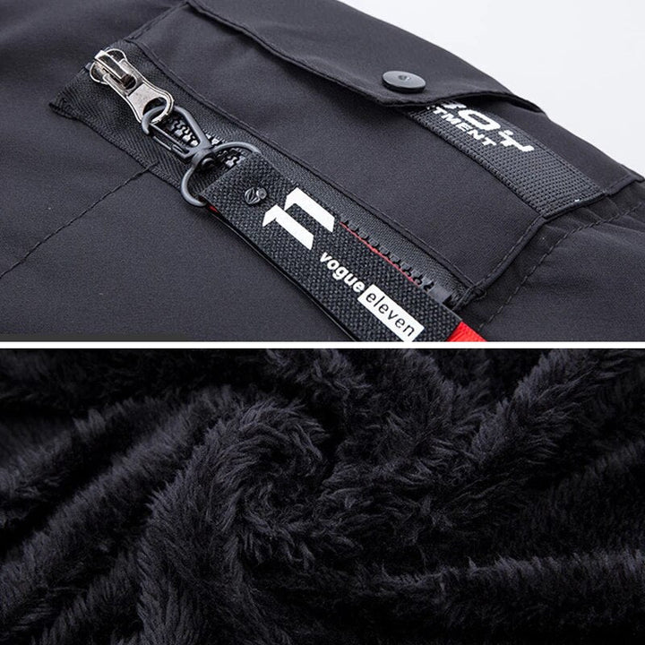 Men's long padded hooded coat with textured trim and zip pockets