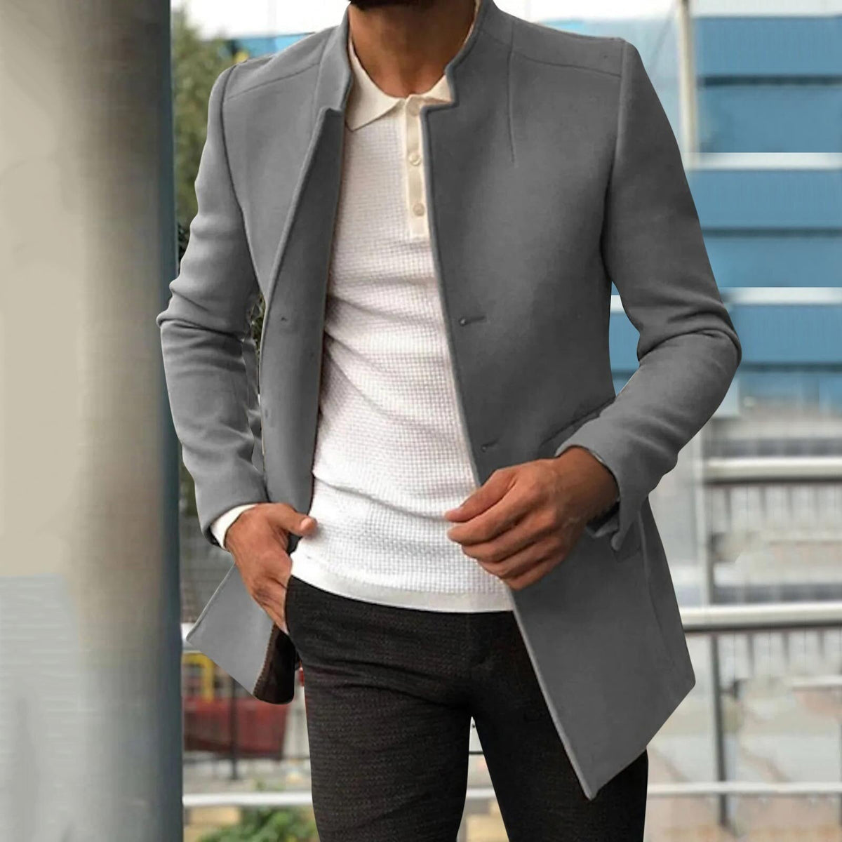 Men's longline stand collar jacket with long sleeves and front pockets
