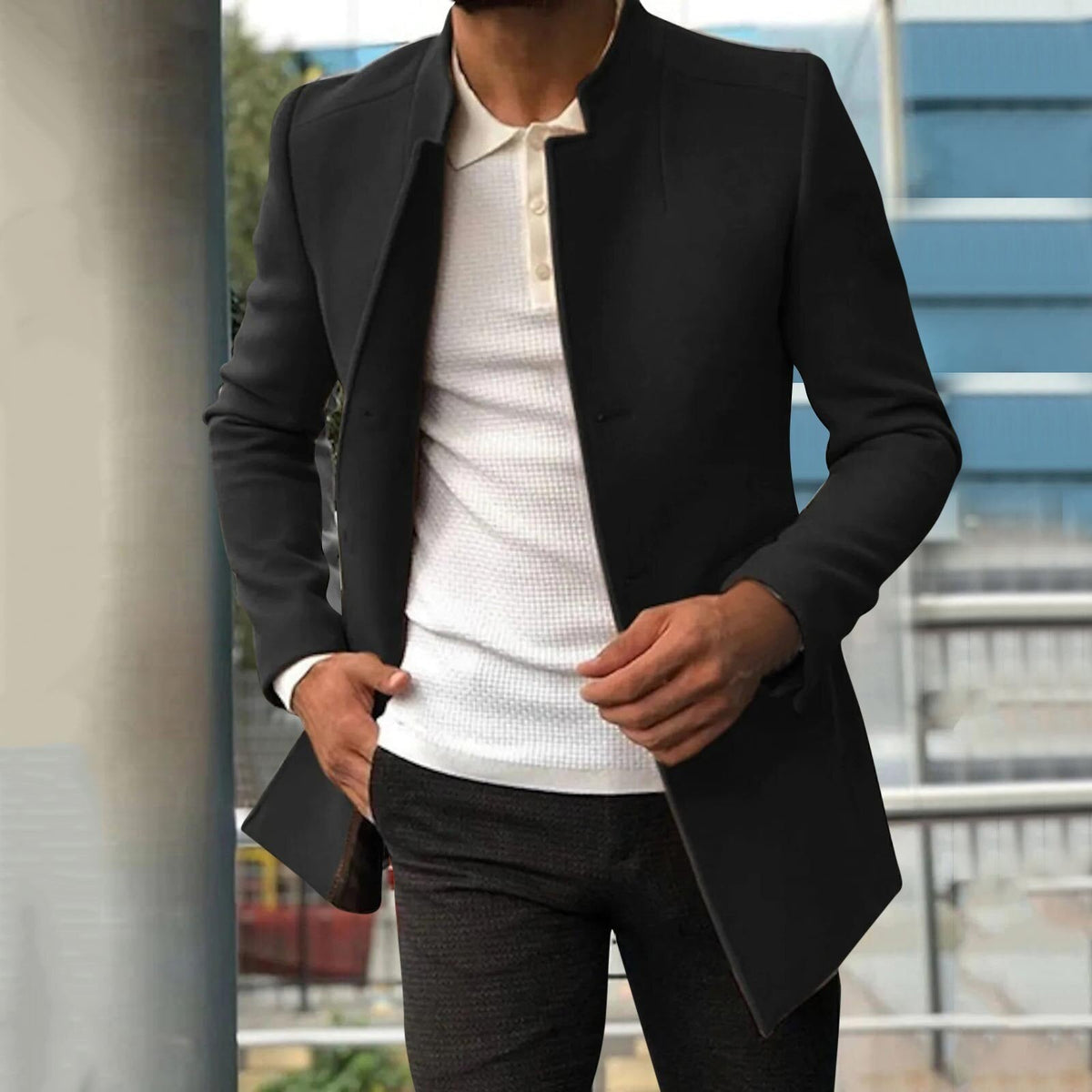 Men's longline stand collar jacket with long sleeves and front pockets
