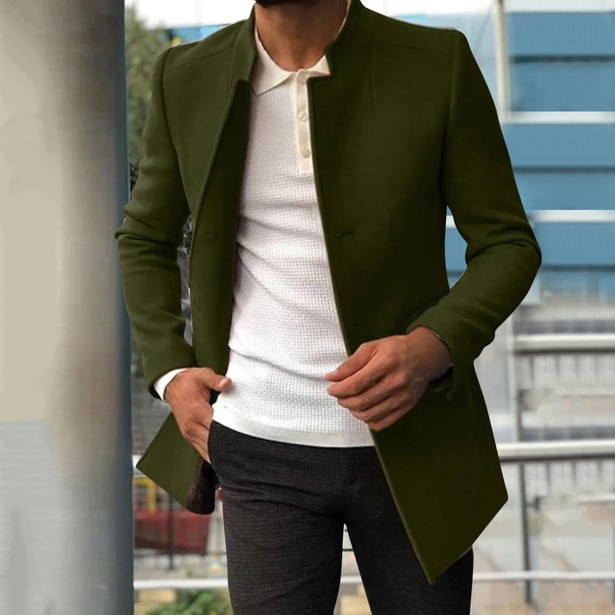 Men's longline stand collar jacket with long sleeves and front pockets