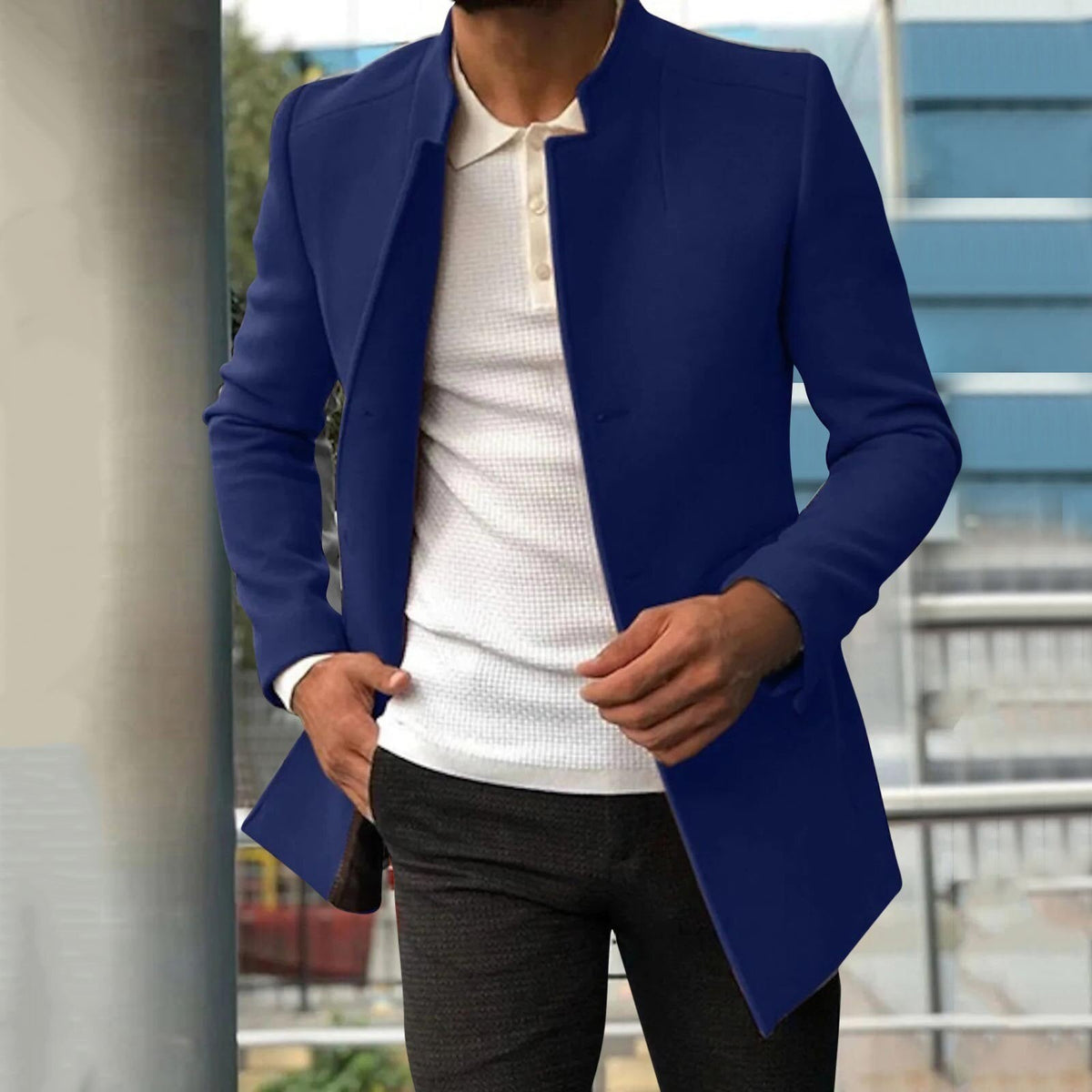 Men's longline stand collar jacket with long sleeves and front pockets