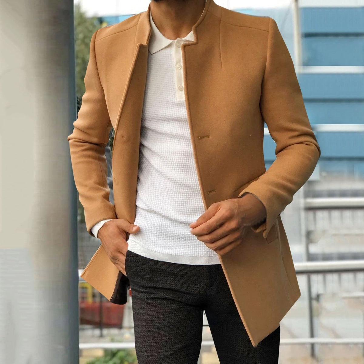 Men's longline stand collar jacket with long sleeves and front pockets