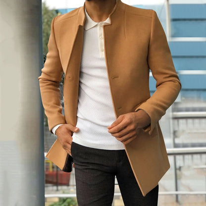 Men's longline stand collar jacket with long sleeves and front pockets