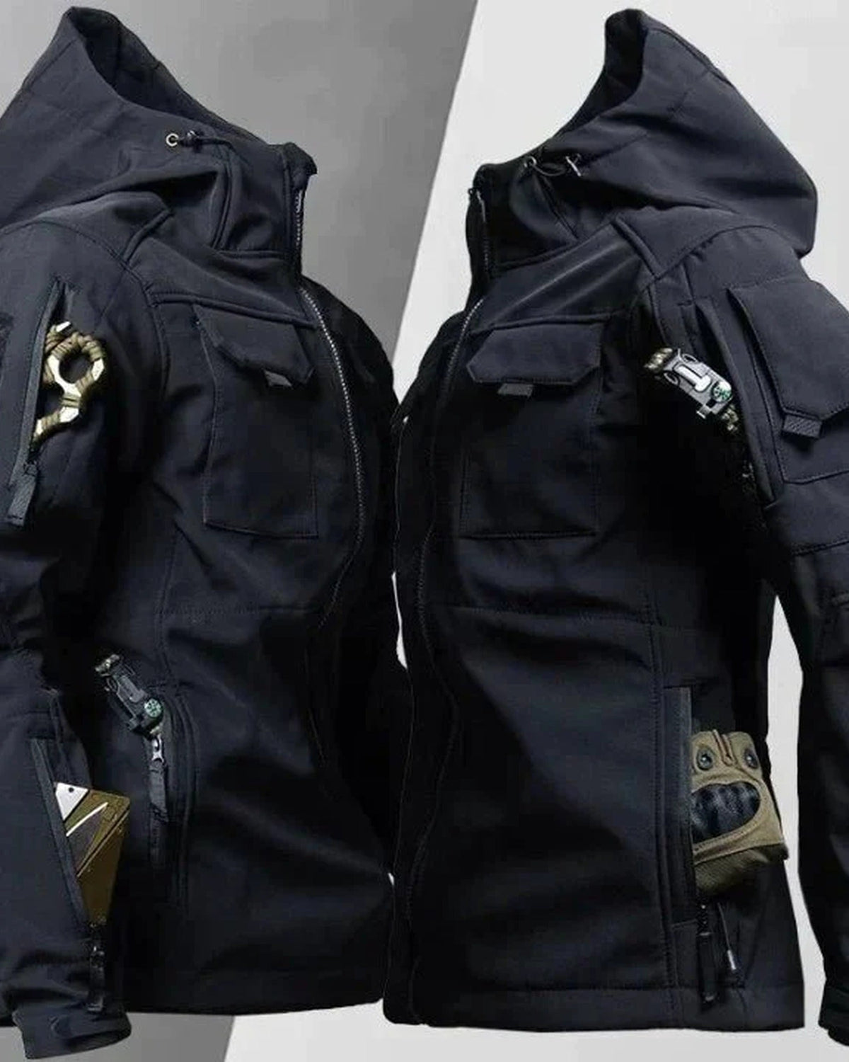 Men's hooded utility jacket with multiple cargo pockets and front zip