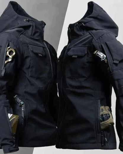 Men's hooded utility jacket with multiple cargo pockets and front zip