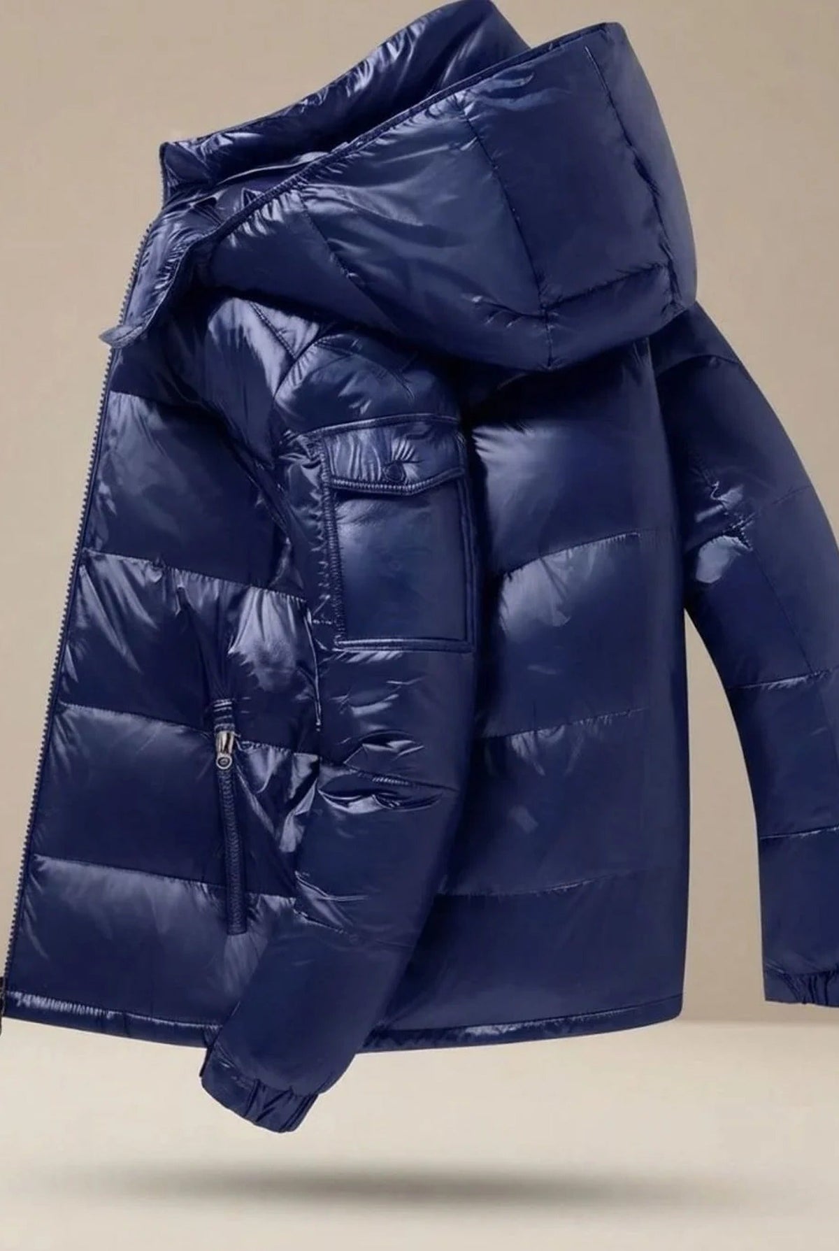 Men's quilted hooded puffer jacket with zip fastening and multiple pockets