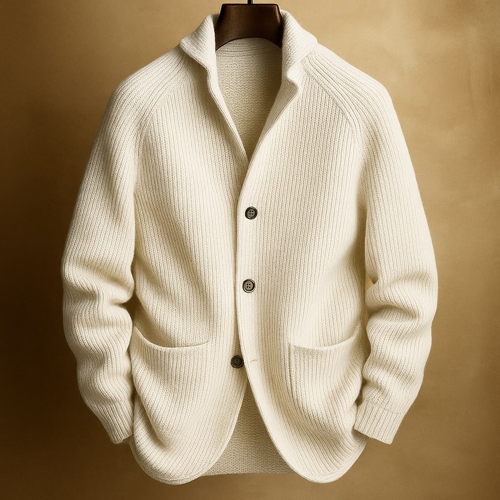 Men's ribbed shawl-collar cardigan with buttons and front pockets