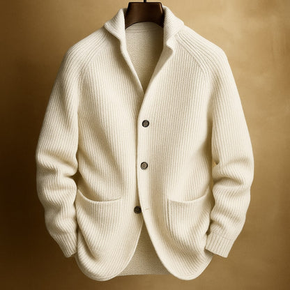 Men's ribbed shawl-collar cardigan with buttons and front pockets