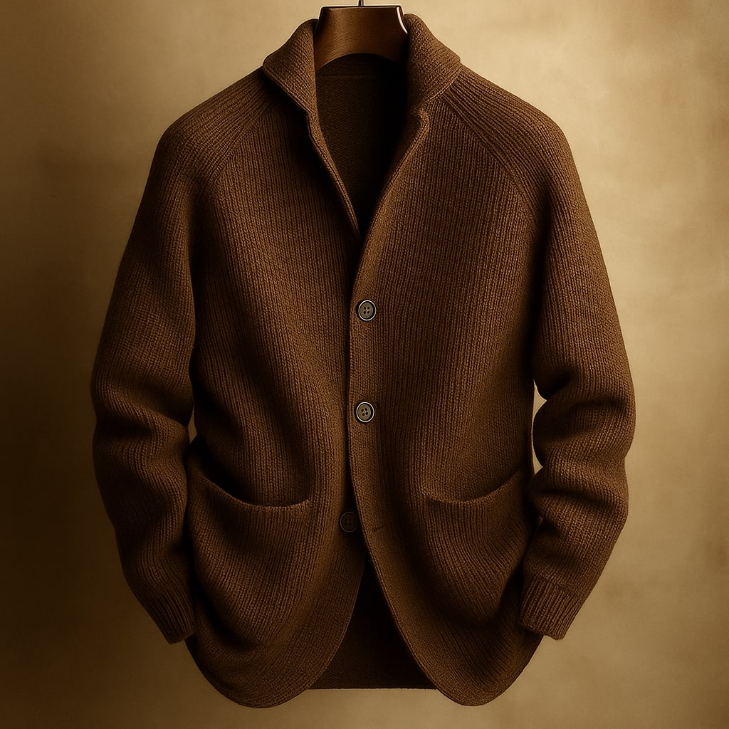 Men's ribbed shawl-collar cardigan with buttons and front pockets