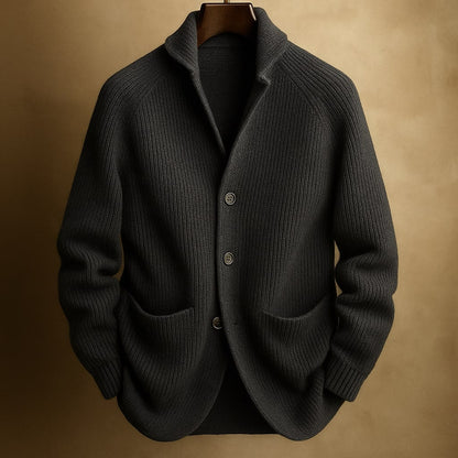 Men's ribbed shawl-collar cardigan with buttons and front pockets