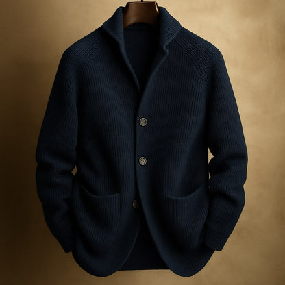 Men's ribbed shawl-collar cardigan with buttons and front pockets