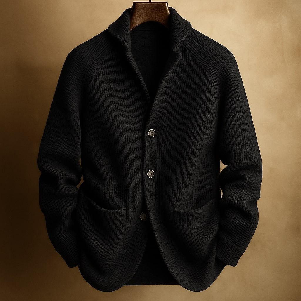 Men's ribbed shawl-collar cardigan with buttons and front pockets
