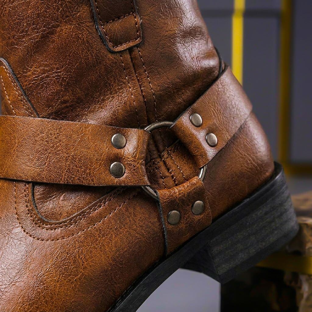 Men's vintage ankle boots with buckle straps and low heel