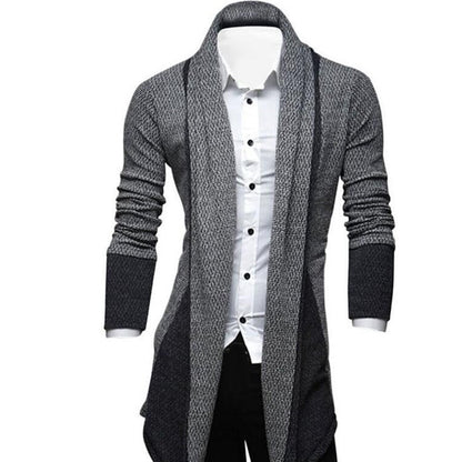 Men's longline textured cardigan with shawl collar, long sleeves and contrast panels