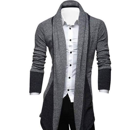 Men's longline textured cardigan with shawl collar, long sleeves and contrast panels
